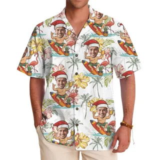 Personalized Santa Face Tropical Hawaiian Shirt With Preview