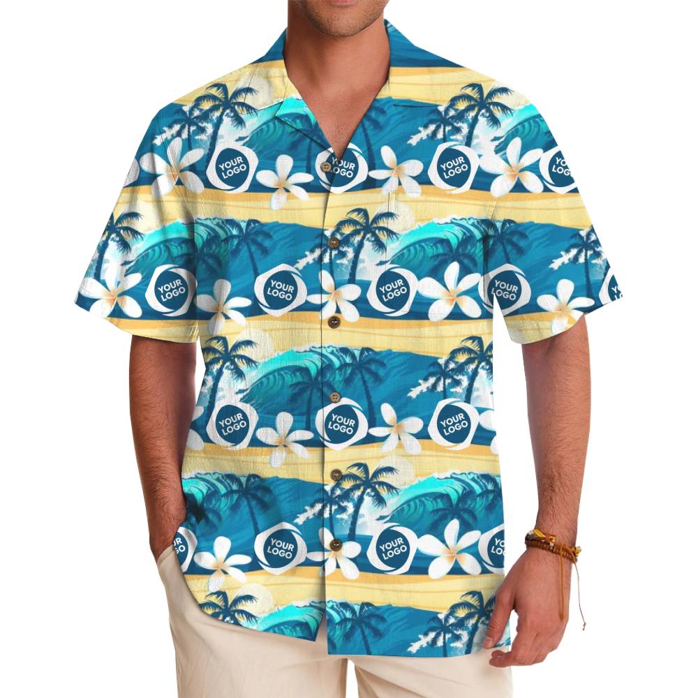 Custom Logo Tropical Ocean Wave Hawaiian Button Up Shirt - variant image 1