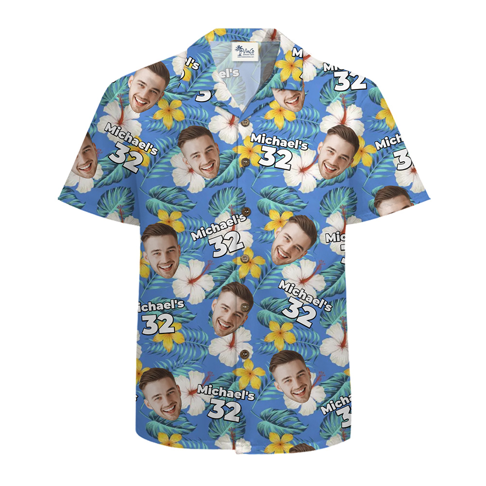 Custom Face Birthday Hawaiian Shirt with Age &amp; Background Options