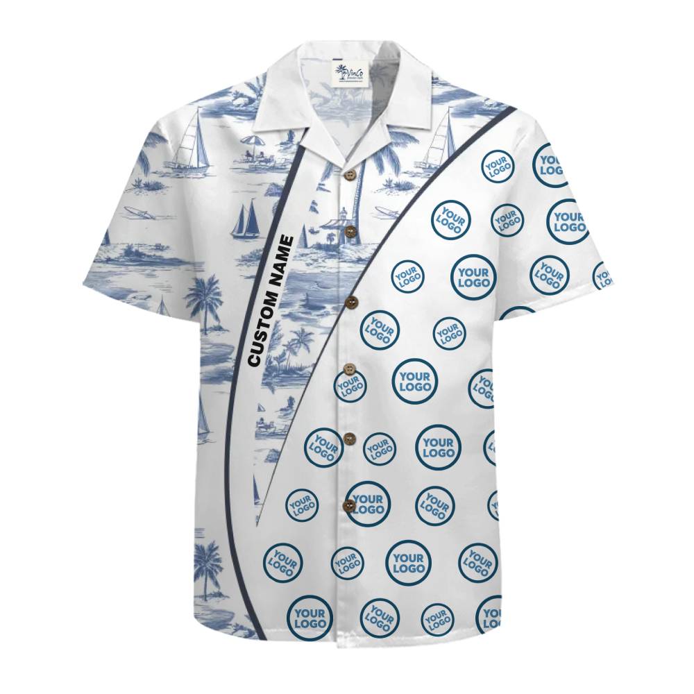 Custom Logo and Name Nautical Scene Aloha Shirt with Live Preview