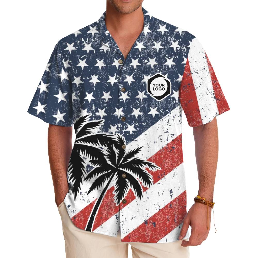 Custom Logo USA Flag Patriotic Palm Tree Vintage Hawaiian Shirt - variant image 1