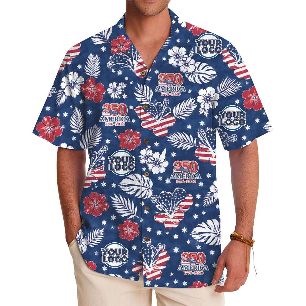 America 250 Red White Blue Floral Hawaiian Shirt With Custom Logo - variant image 1