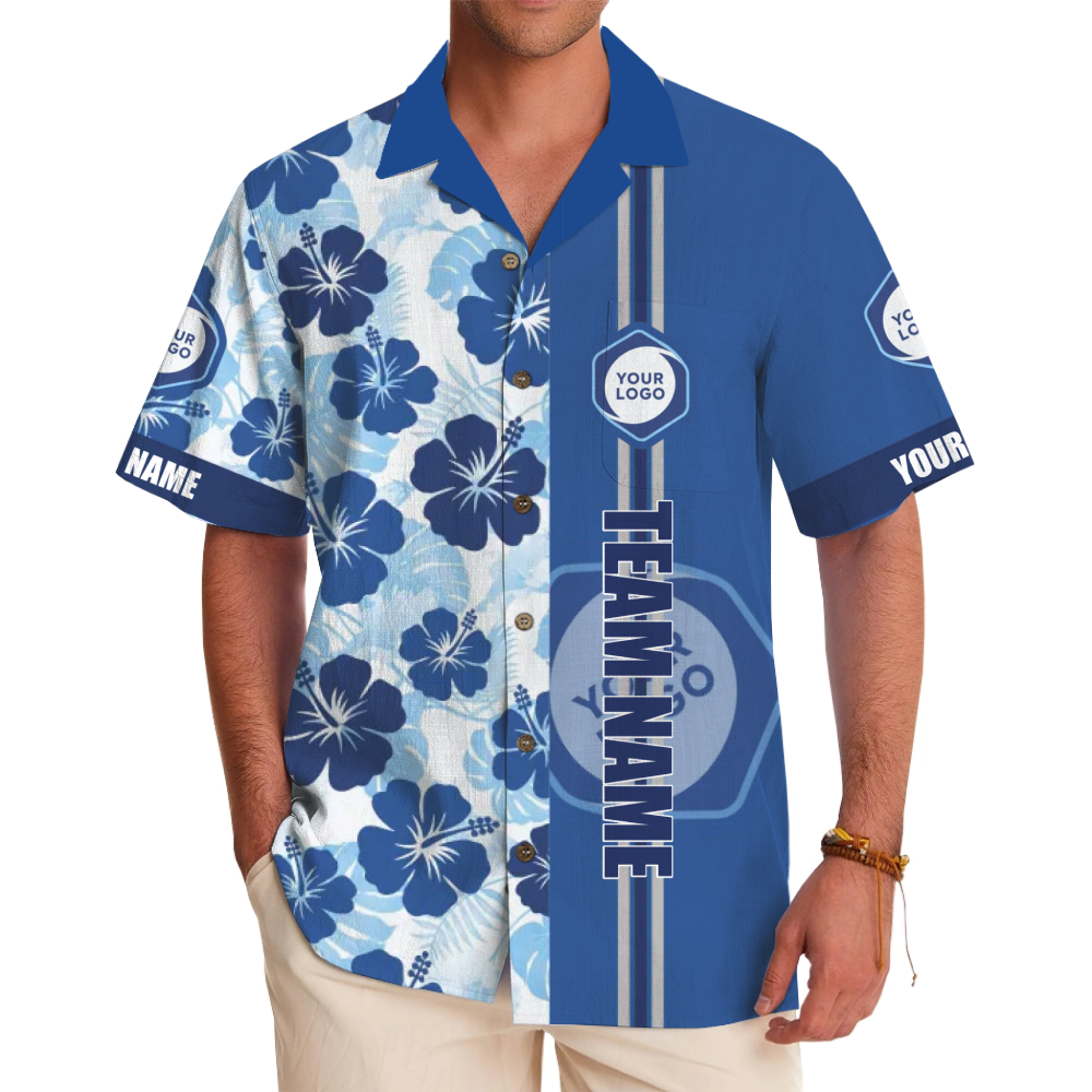 Custom Navy Hibiscus Team Logo and Name Split-Tone Hawaiian Shirt - variant image 1