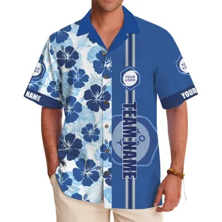Custom Navy Hibiscus Team Logo and Name Split-Tone Hawaiian Shirt