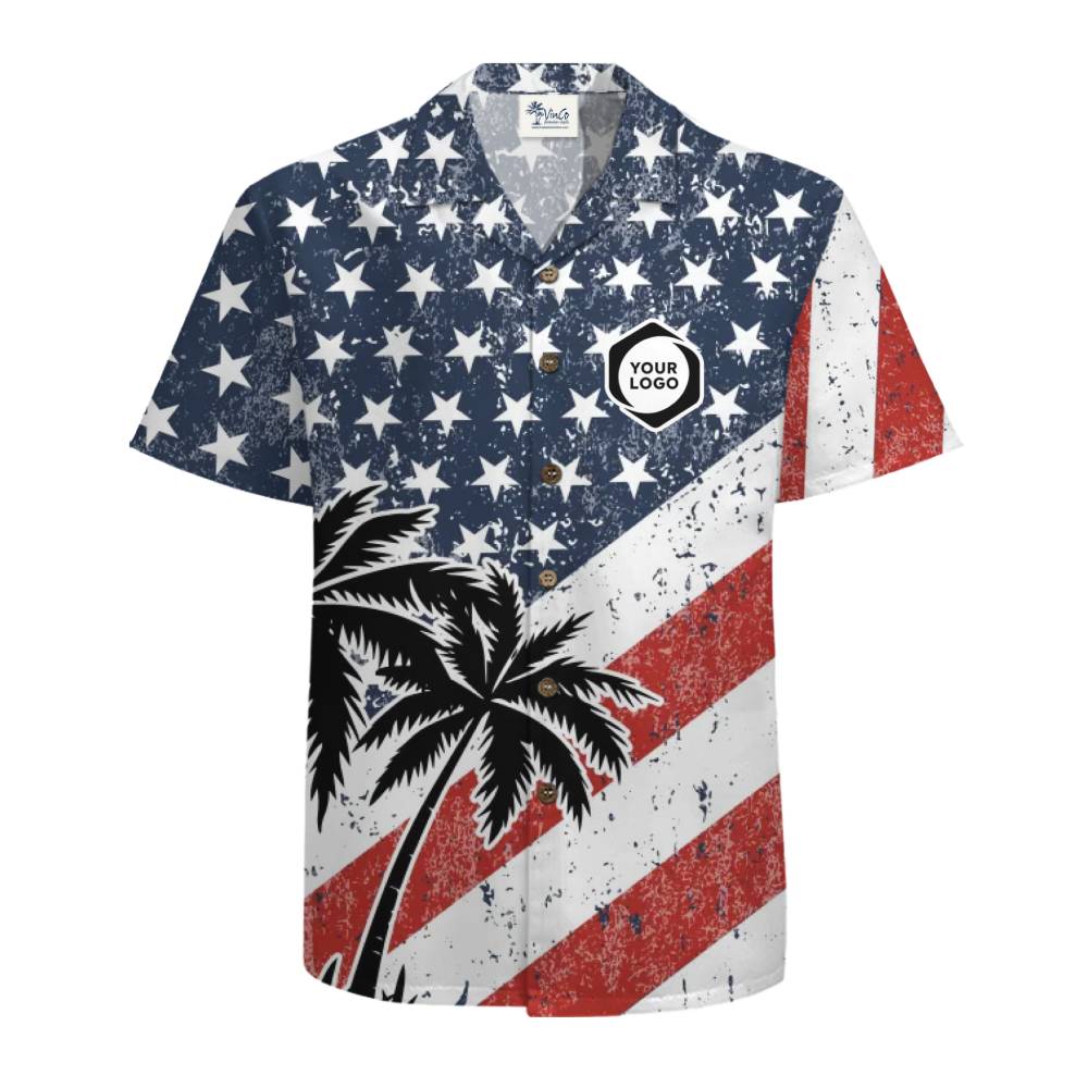 Custom Logo USA Flag Patriotic Palm Tree Vintage Hawaiian Shirt