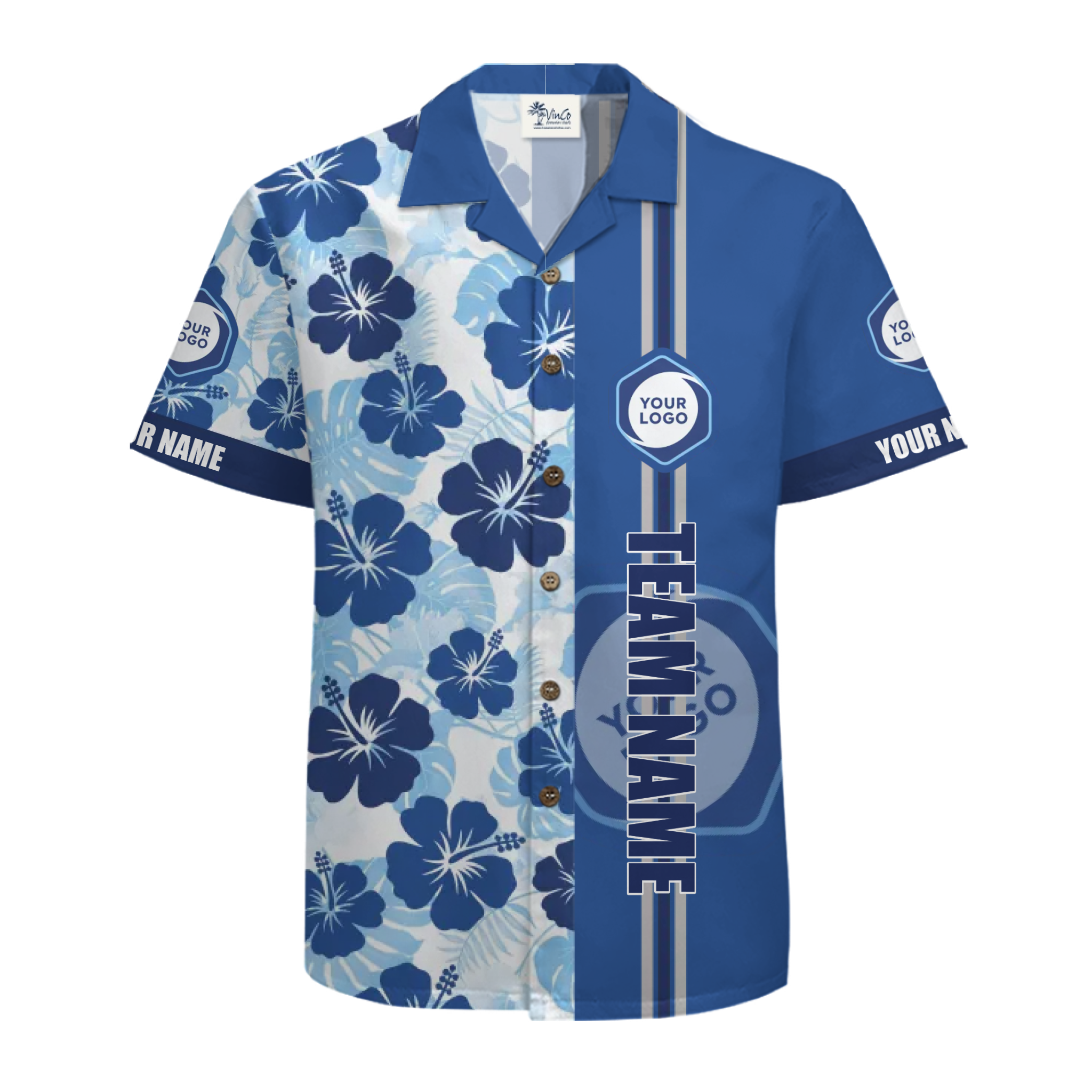 Custom Navy Hibiscus Team Logo and Name Split-Tone Hawaiian Shirt