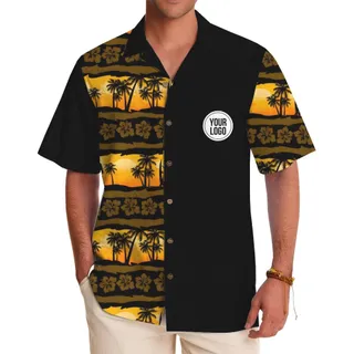 Black Hawaiian Shirt with Vibrant Sunset Design and Logo Customization