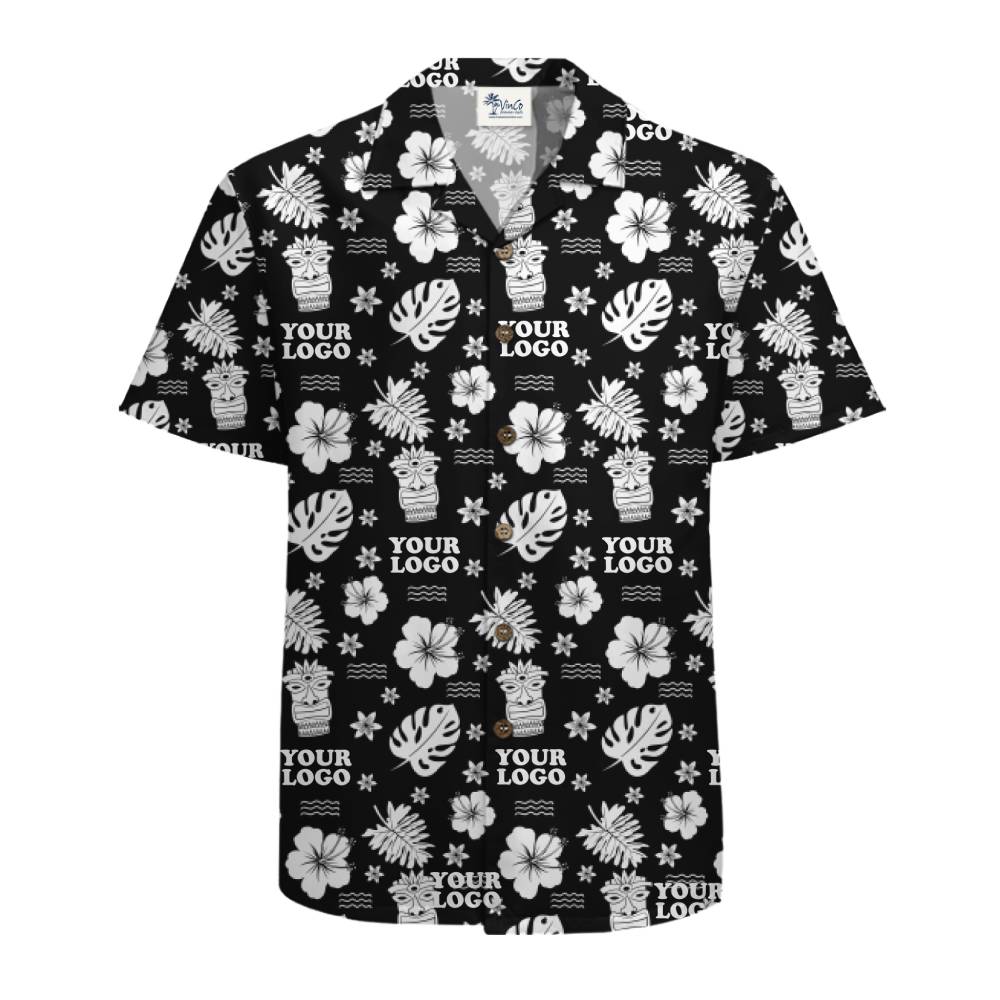 Custom Black Tropical Shirt with Monochrome Island Graphics and Logo