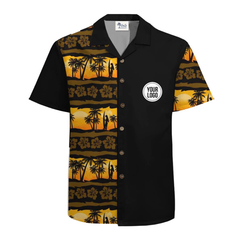 Black Hawaiian Shirt with Vibrant Sunset Design and Logo Customization