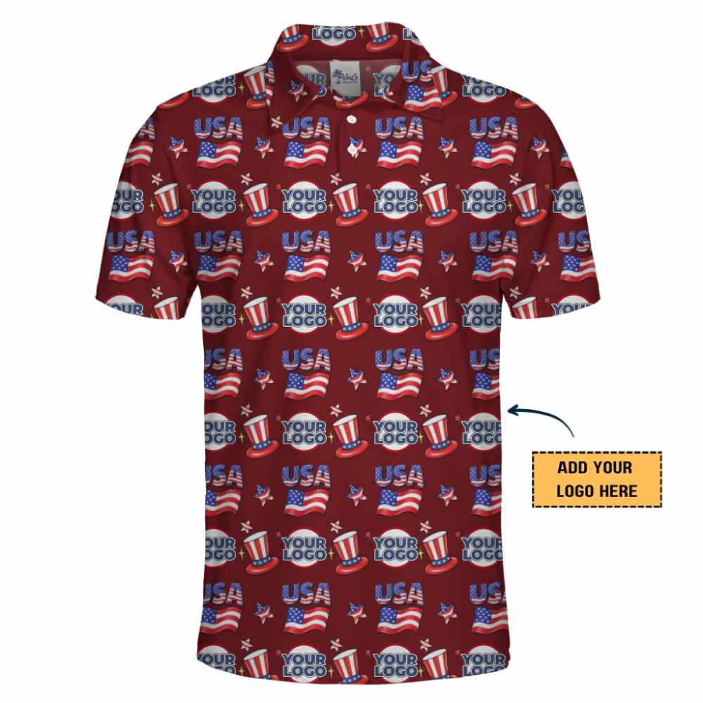 Custom Bold Patriotic Themed Polo Shirt with All Over Logo Design