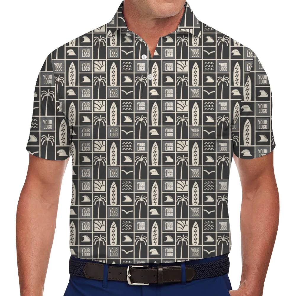 Stylish Black and Beige Polo Shirt with Tropical Elements and Branding - variant image 1