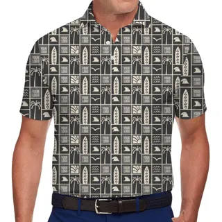 Stylish Black and Beige Polo Shirt with Tropical Elements and Branding