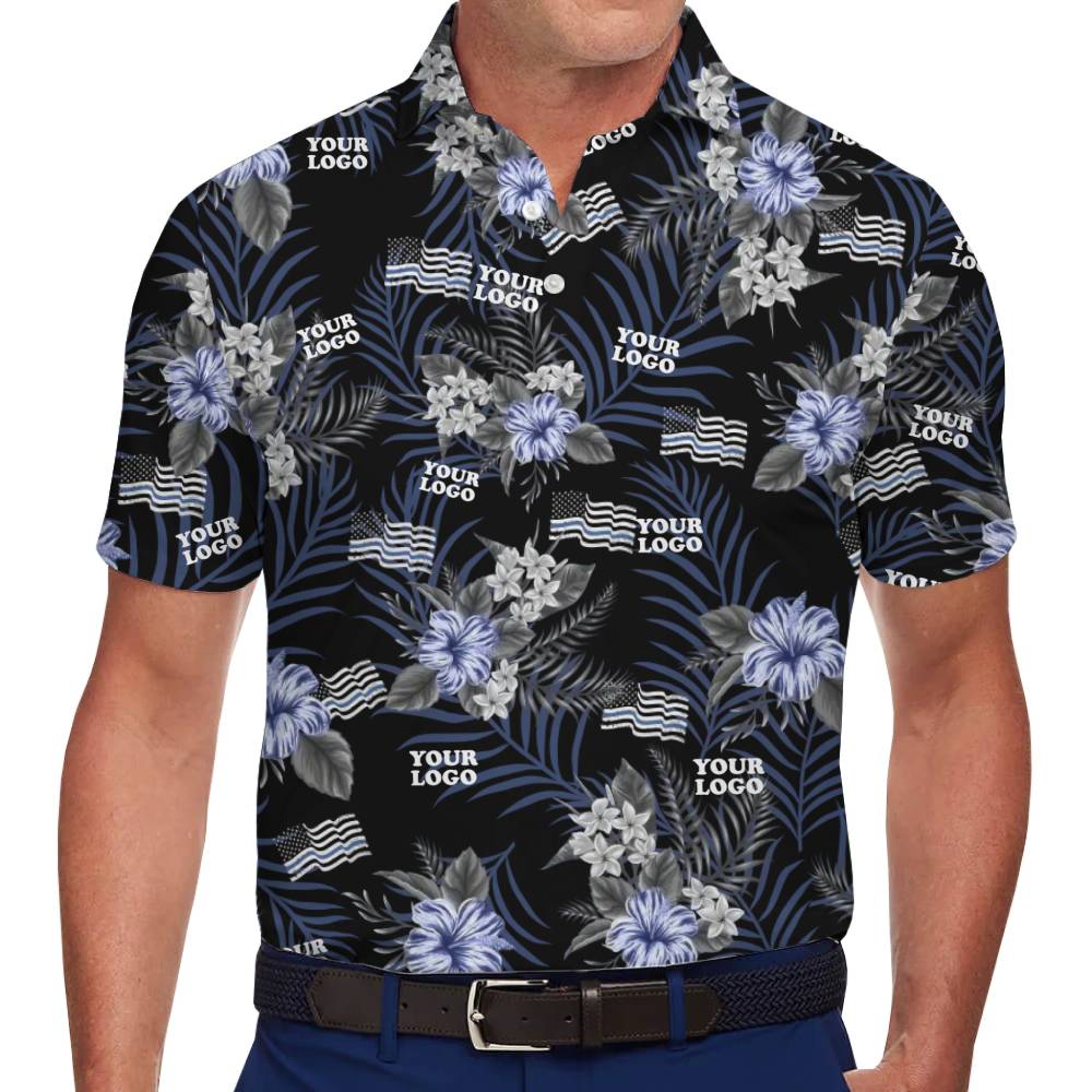 Tropical Black Polo Shirt with Blue Flowers and Personalized Branding - variant image 1