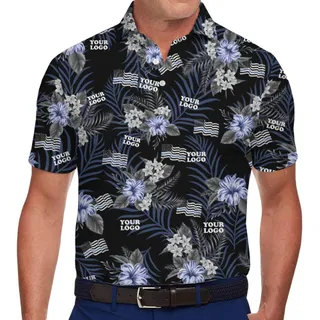 Tropical Black Polo Shirt with Blue Flowers and Personalized Branding