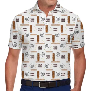 Rustic Tiki-Pattern Polo Shirt with Distinct Geometric Designs and Logos