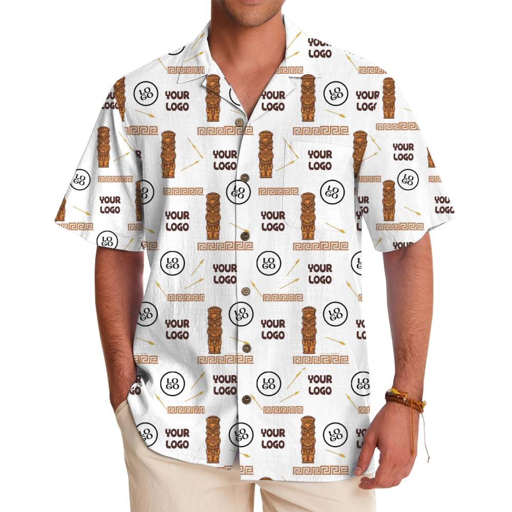 Tiki Print Hawaiian Shirt with Geometric Accents and Logo Customization - variant image 1