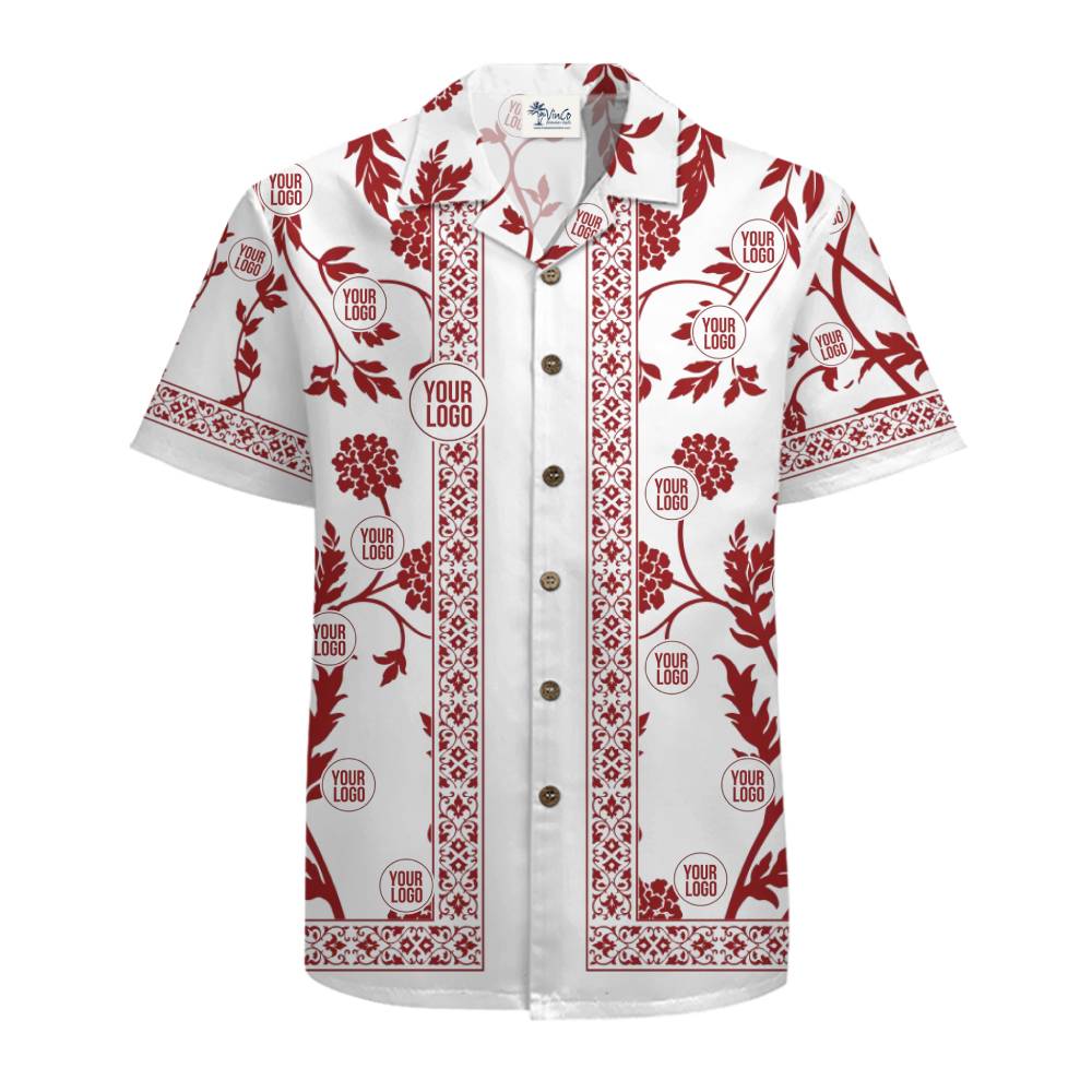 Elegant White Shirt with Red Vines and Personalized Branding