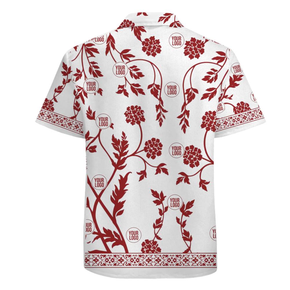 Elegant White Shirt with Red Vines and Personalized Branding