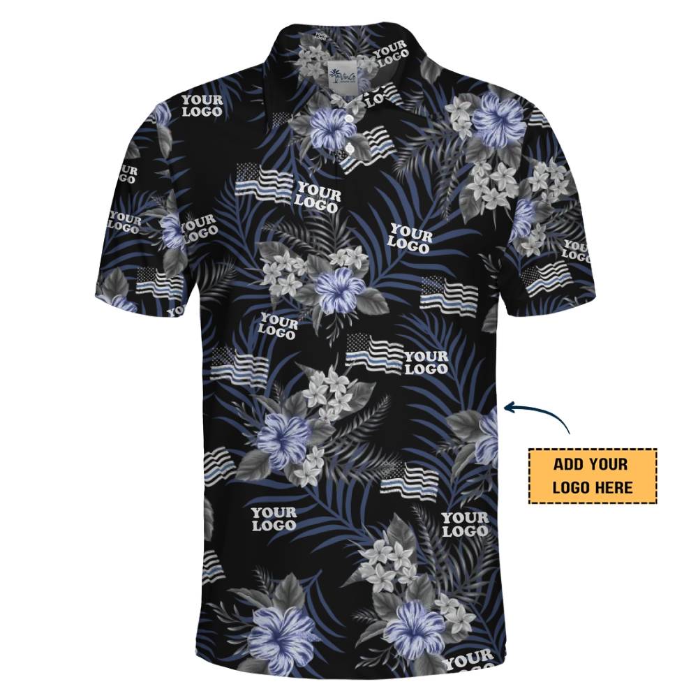 Tropical Black Polo Shirt with Blue Flowers and Personalized Branding