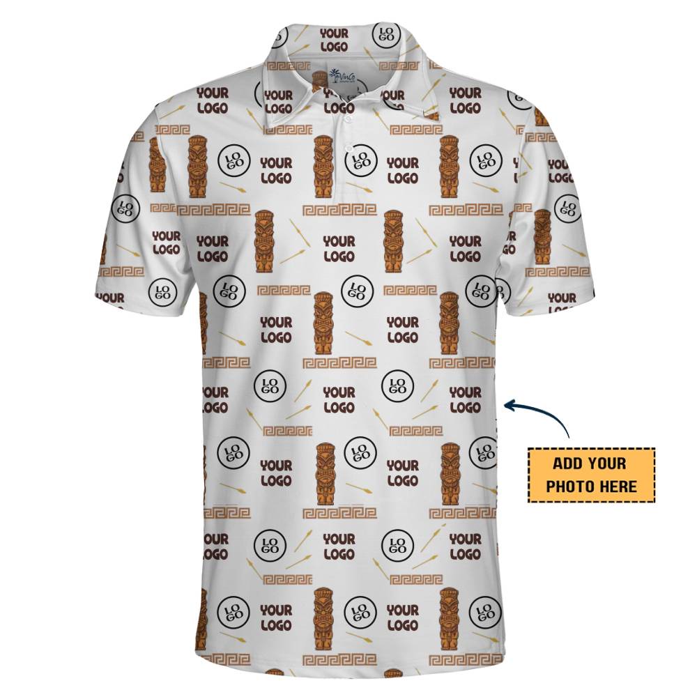 Rustic Tiki-Pattern Polo Shirt with Distinct Geometric Designs and Logos