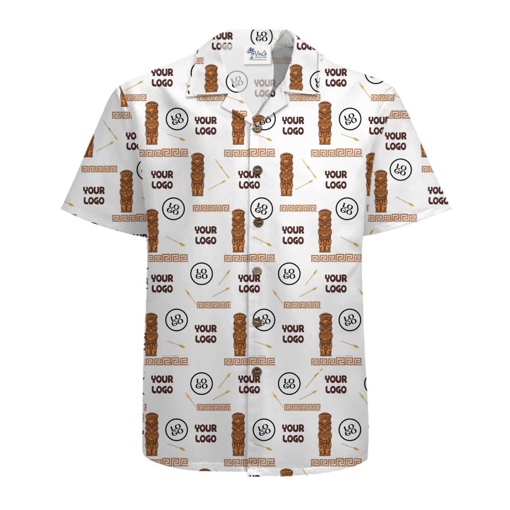 Tiki Print Hawaiian Shirt with Geometric Accents and Logo Customization