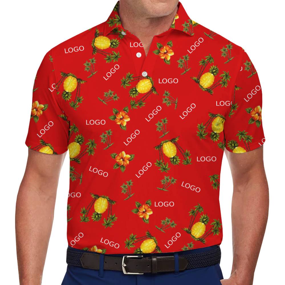 Personalized Red Polo Shirt Featuring Pineapple Print and Logo Integration - variant image 1
