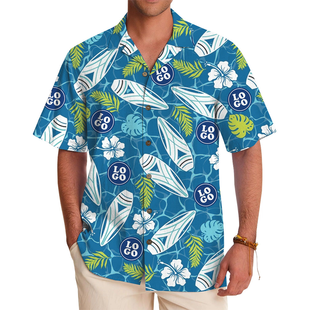 Custom Logo Hawaiian Shirt with Tropical Surfboard Design - variant image 1