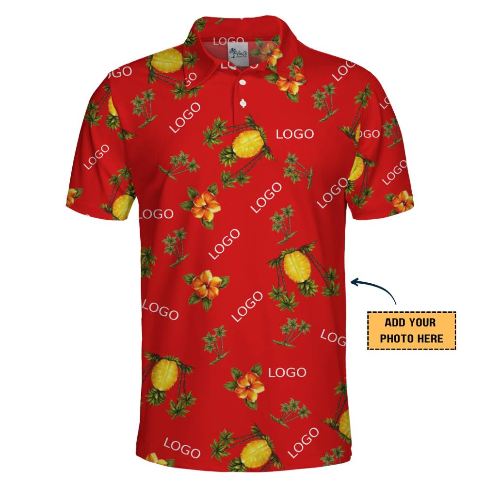 Personalized Red Polo Shirt Featuring Pineapple Print and Logo Integration