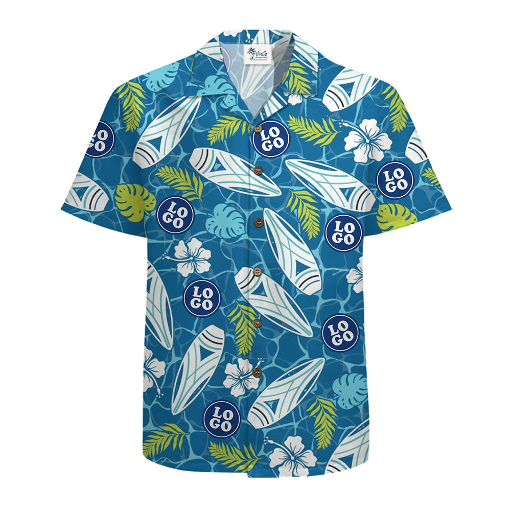Custom Logo Hawaiian Shirt with Tropical Surfboard Design