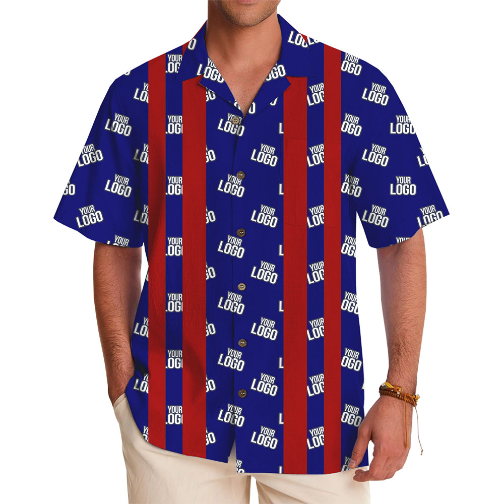 Custom Logo Hawaiian Shirt with Bold Blue and Red Stripe Design - variant image 1