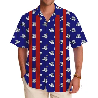 Custom Logo Hawaiian Shirt with Bold Blue and Red Stripe Design