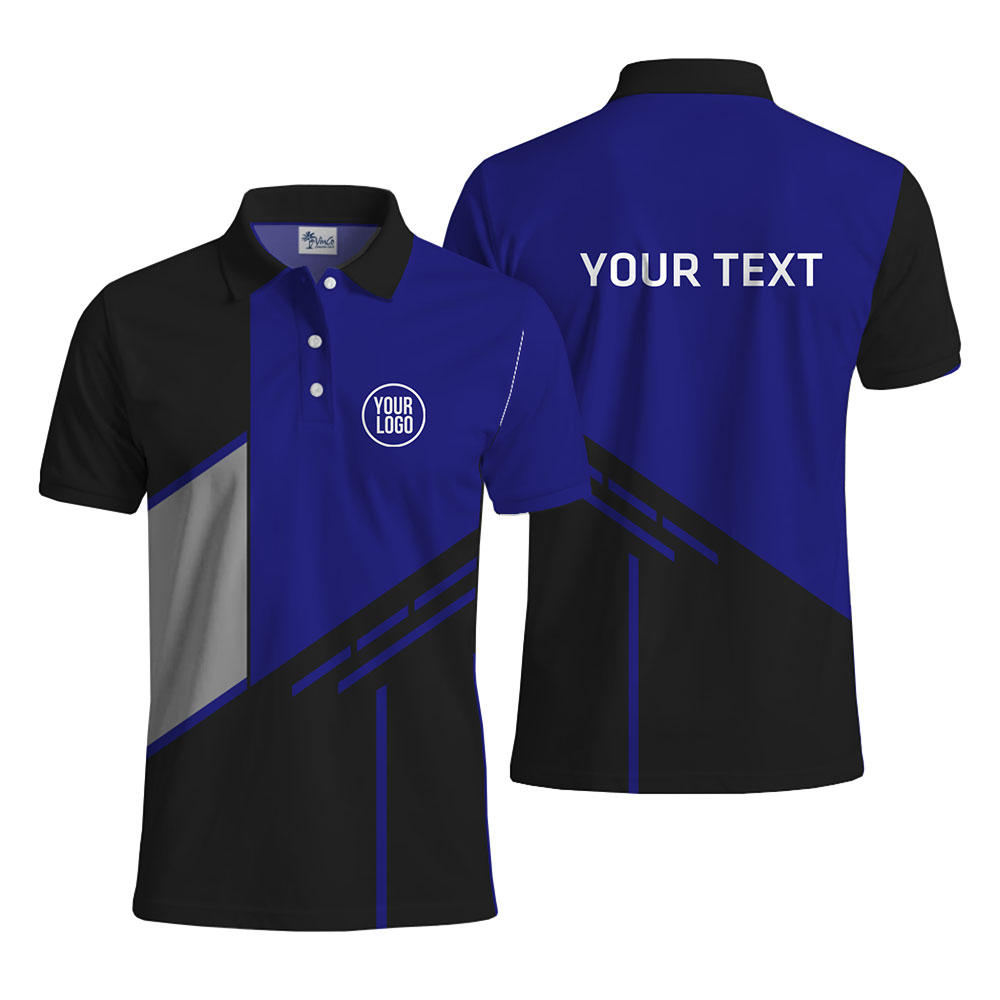 Stylish Blue and Black Polo Shirt with Custom Logo Placement