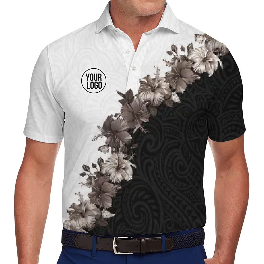 Monochrome Hibiscus Polynesian Pattern Polo Shirt With Logo - variant image 1