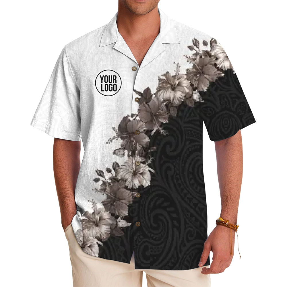 Monochrome Hibiscus Polynesian Pattern Hawaiian Shirt With Logo - variant image 1
