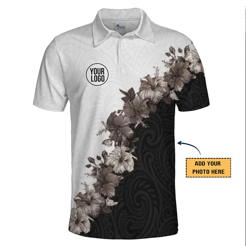 Monochrome Hibiscus Polynesian Pattern Polo Shirt With Logo