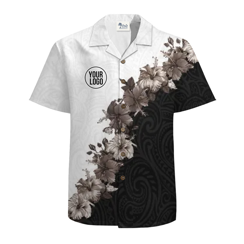 Monochrome Hibiscus Polynesian Pattern Hawaiian Shirt With Logo