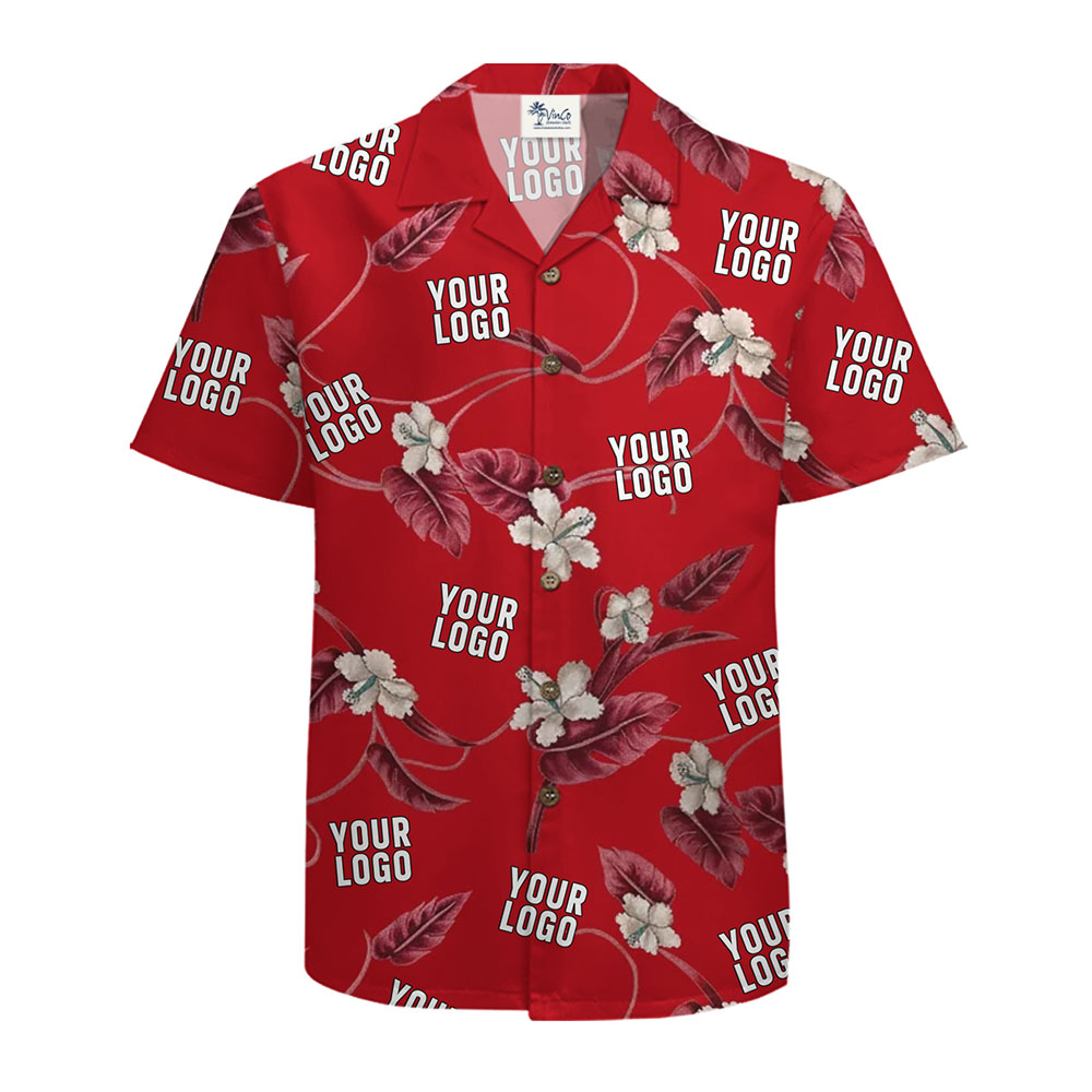 Custom Red Hawaiian Shirt with Elegant Floral and Logo Design