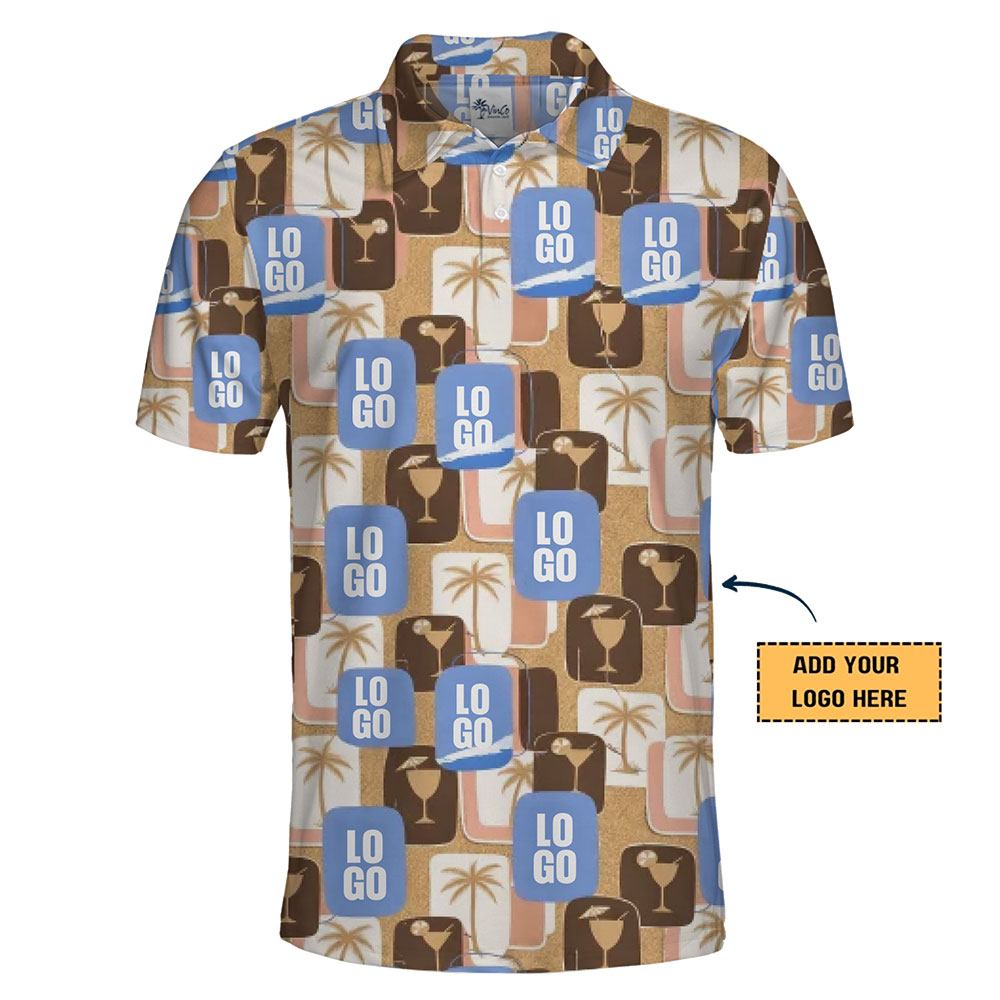 Stylish Branded Tropical Polo with Palm and Cocktail Prints