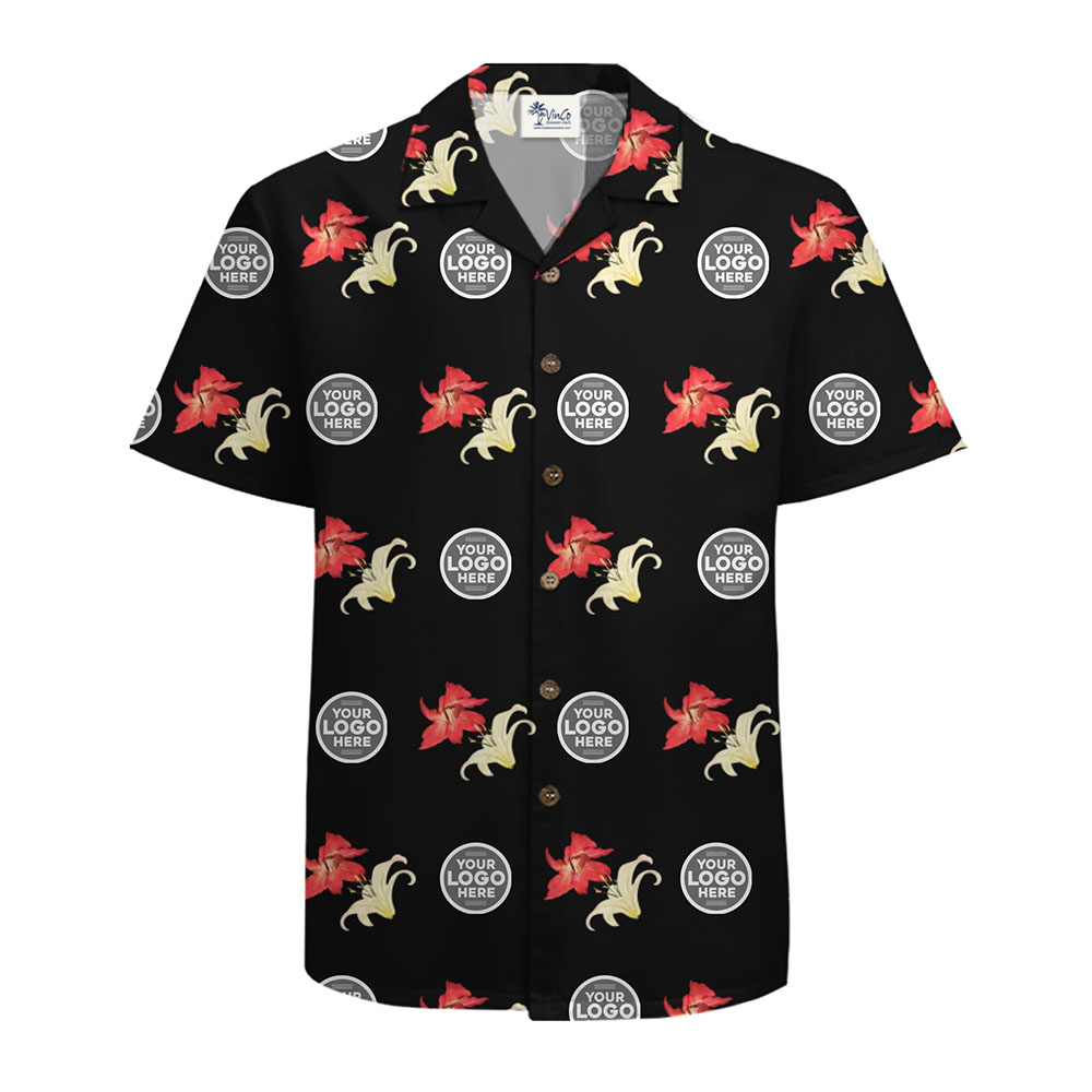 Tropical Floral Black Aloha Shirt with Logo Customization