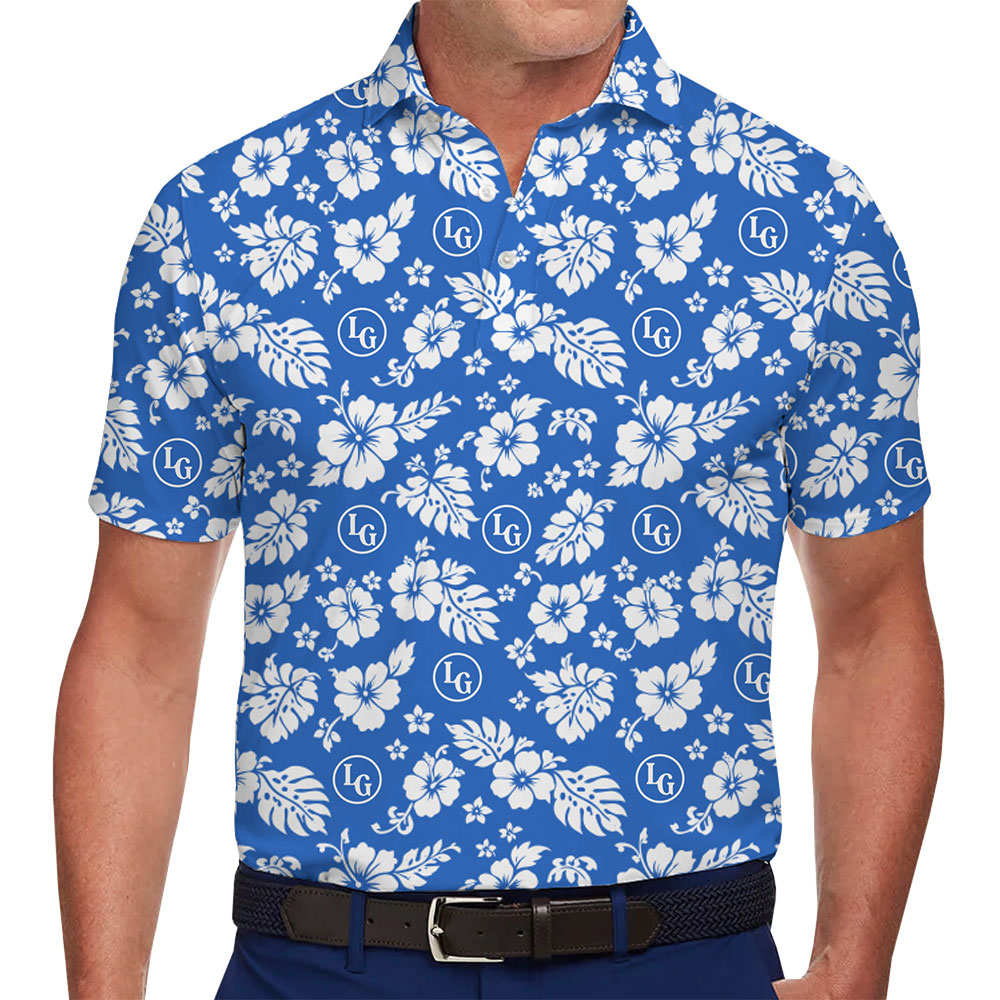 Personalized Blue Polo Shirt Featuring Elegant Hibiscus Patterns - variant image 1