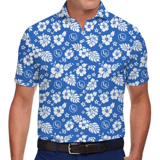 Personalized Blue Polo Shirt Featuring Elegant Hibiscus Patterns