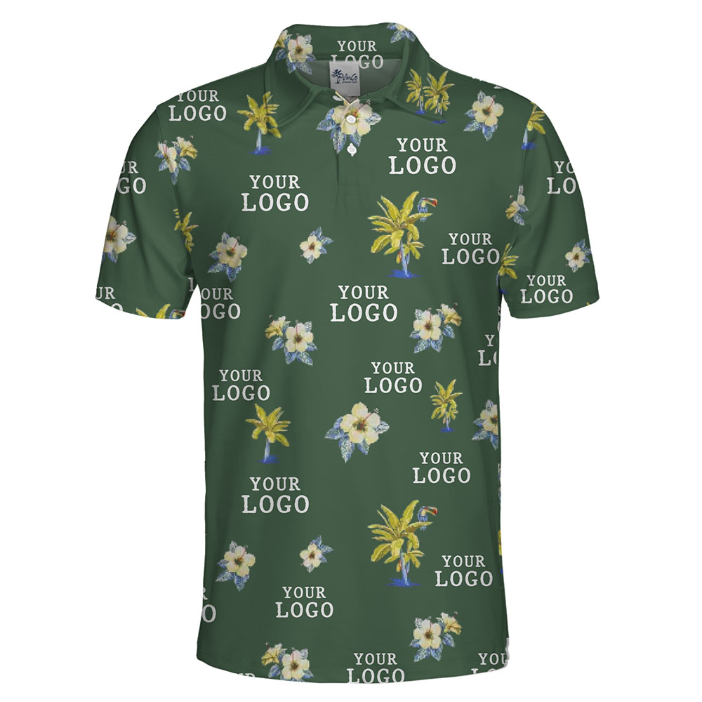 Personalized Logo Polo Shirt with Vibrant Tropical Palm and Floral Print