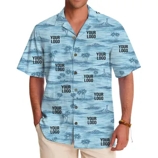 Light Blue Coastal Palm Hawaiian Shirt With Logo