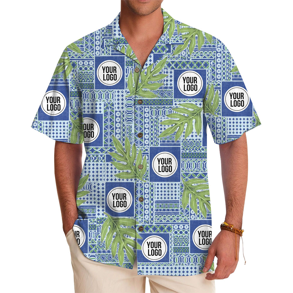 Custom Logo Blue Tropical Leaf Hawaiian Shirt - variant image 1