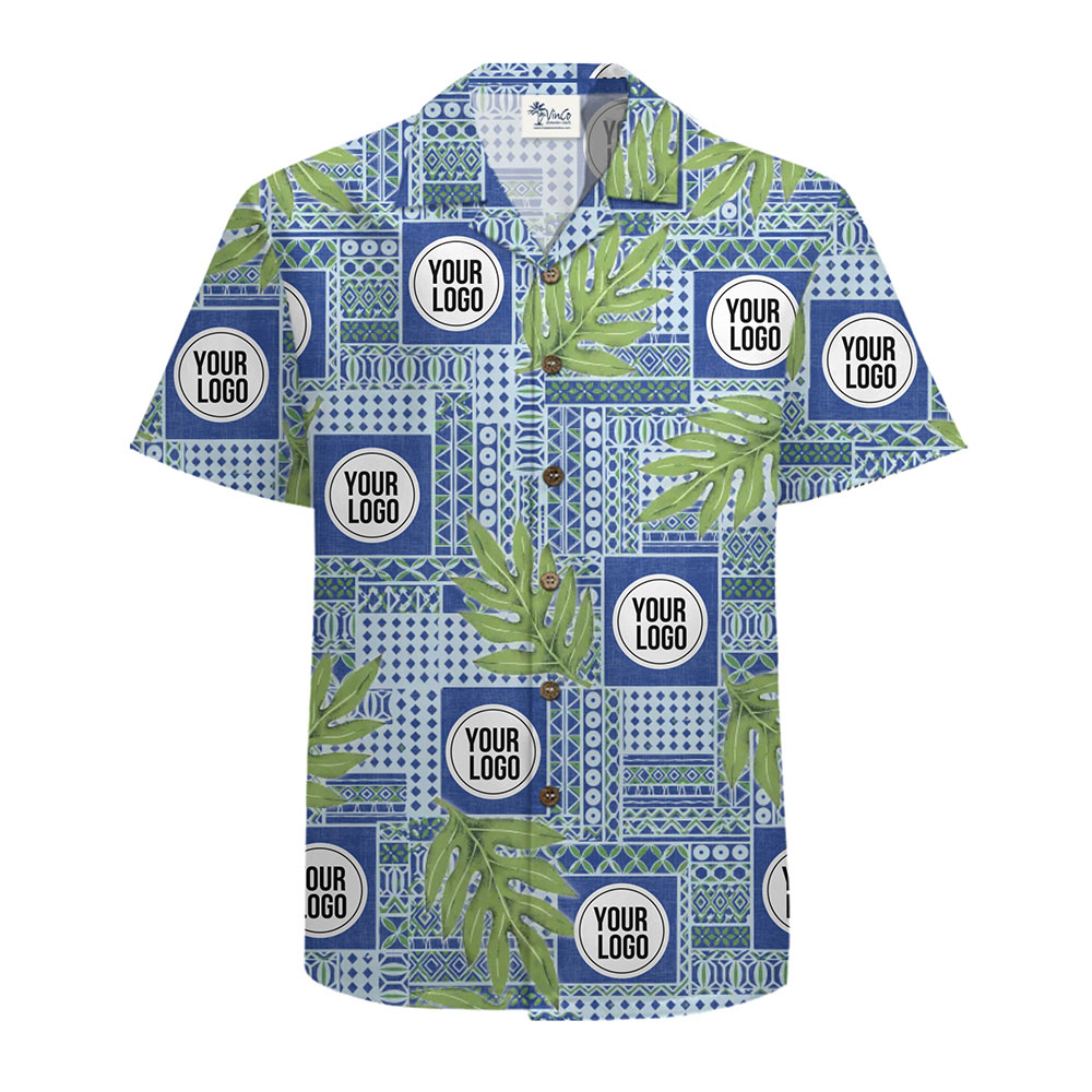 Custom Logo Blue Tropical Leaf Hawaiian Shirt