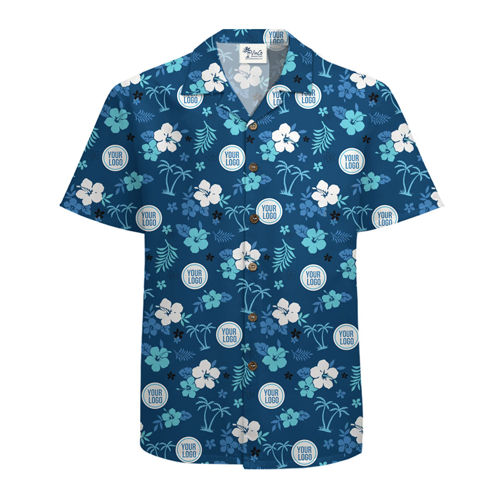 Custom Elegant Blue Hibiscus Hawaiian Shirt with Your Logo Branding