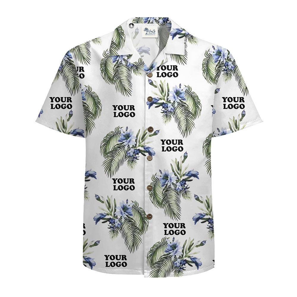 Custom Logo Palm Floral Aloha Shirt White