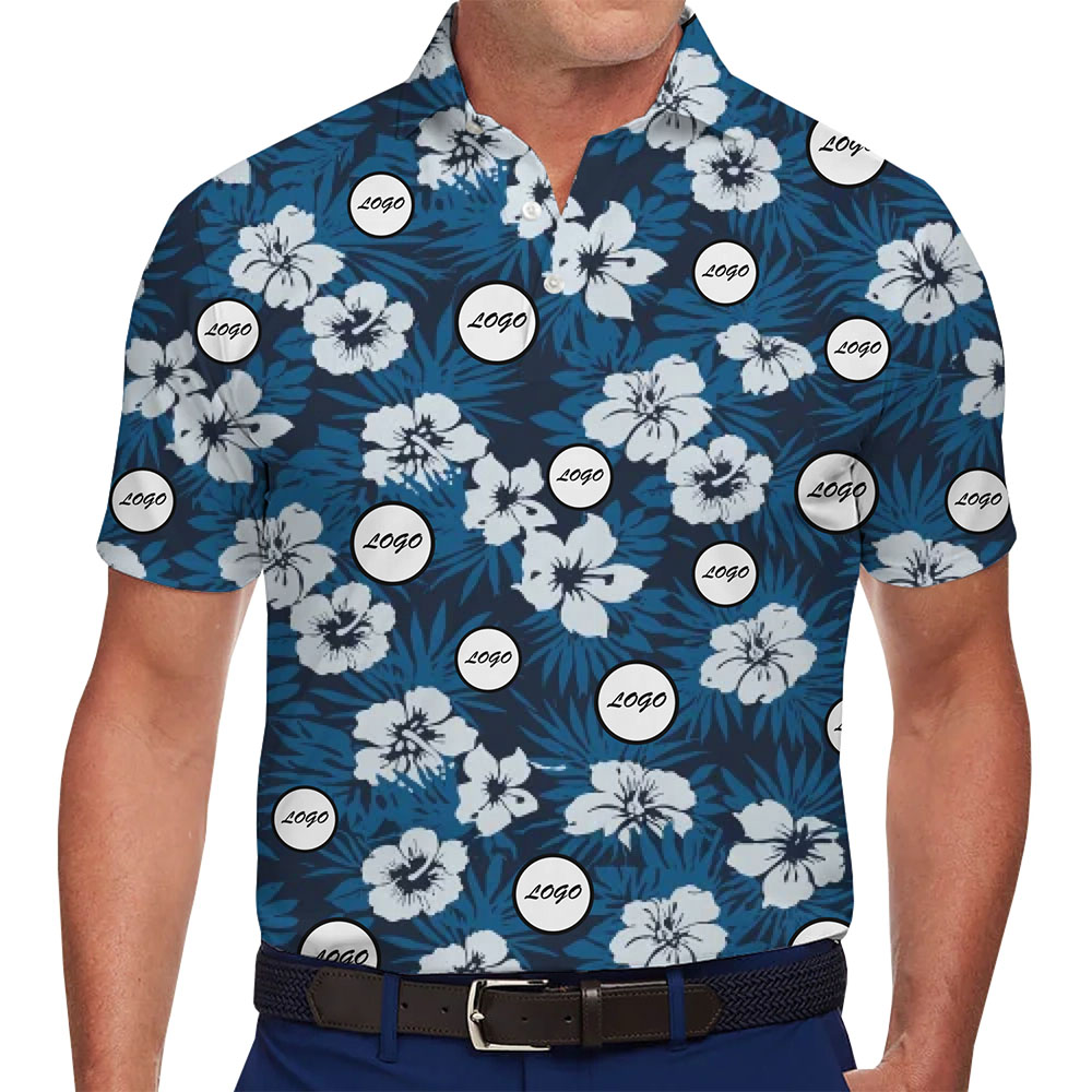 Custom Blue Hibiscus Hawaiian Polo Shirt With Logo And Preview - variant image 1