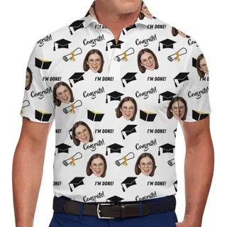 Custom White Graduation Polo Shirt With Face And Preview