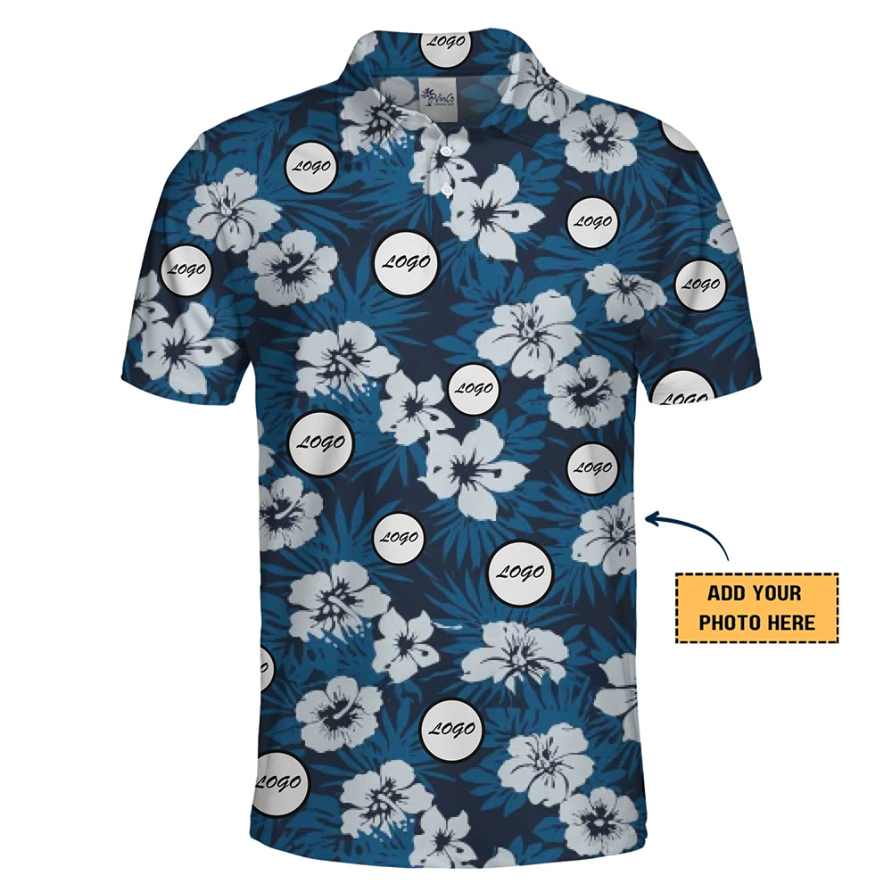 Custom Blue Hibiscus Hawaiian Polo Shirt With Logo And Preview